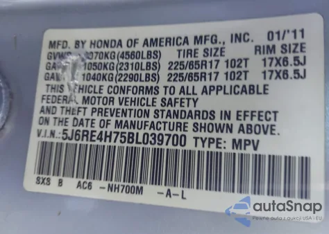 2011 Honda Cr-V Ex-L z USA, uszkodzony, nr VIN 5J6RE4H75BL039700